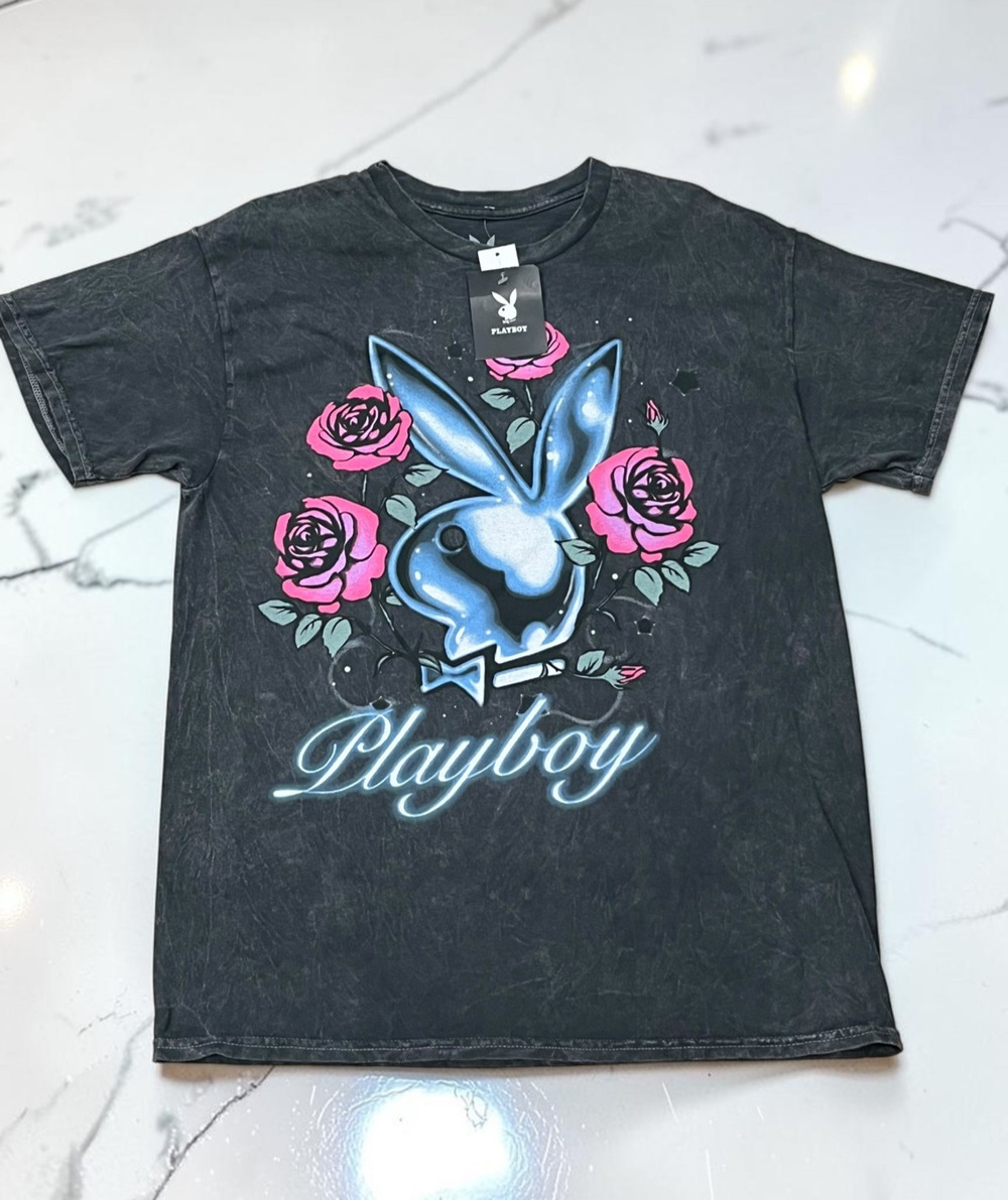 Playboy Men’s Graphic T-Shirt Black Acid Wash Roses Bunny Logo Size Large NWT